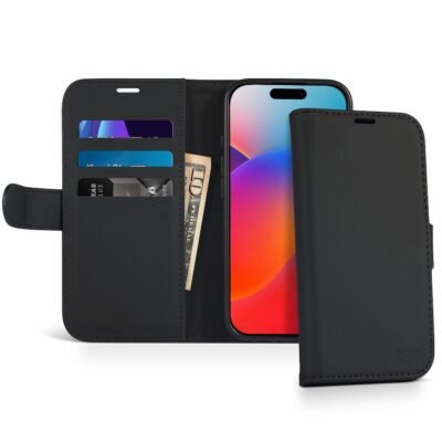 iiglo iPhone 16 Lommebokdeksel (sort) 3 kortlommer, magnetisk lukking , laget i PU skinn