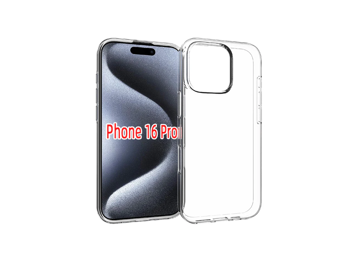 "Gjennomsiktig TPU silikondeksel for iPhone 16 Pro. Viser perfekt passform og presise utskjæringer for knapper og porter."