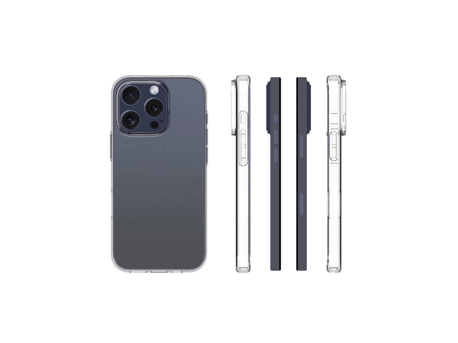 "Gjennomsiktig TPU silikondeksel for iPhone 16 Pro, vist fra flere vinkler for å demonstrere passform og beskyttelse."