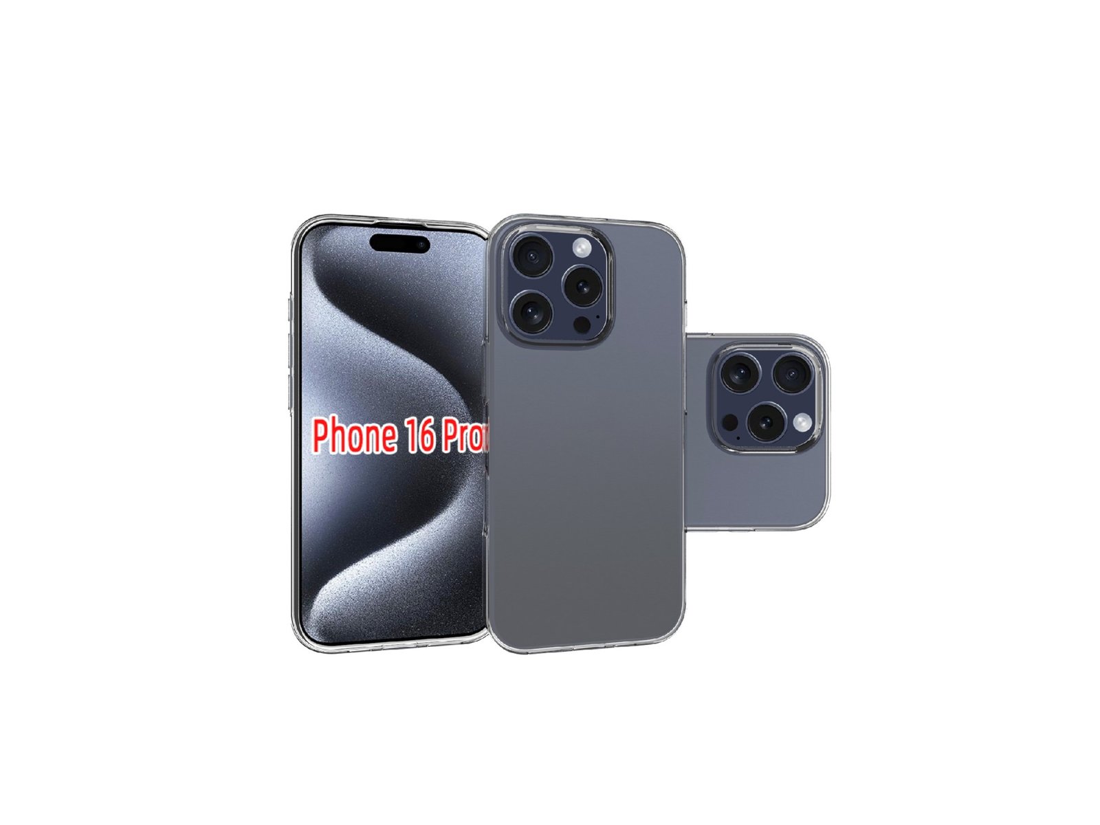 "Gjennomsiktig TPU silikondeksel for iPhone 16 Pro, vist fra flere vinkler for å demonstrere passform, design og kamerabeskyttelse."